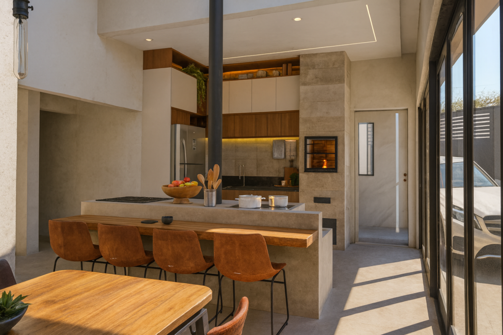 Residência HC — cozinha e espaço gourmet Cozinha e espaço gourmet integrados com pé-direito elevado e iluminação natural
