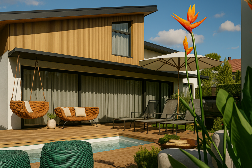 Residência HC — piscina e deck Área de lazer da Residência HC com piscina, deck de madeira e paisagismo biofílico