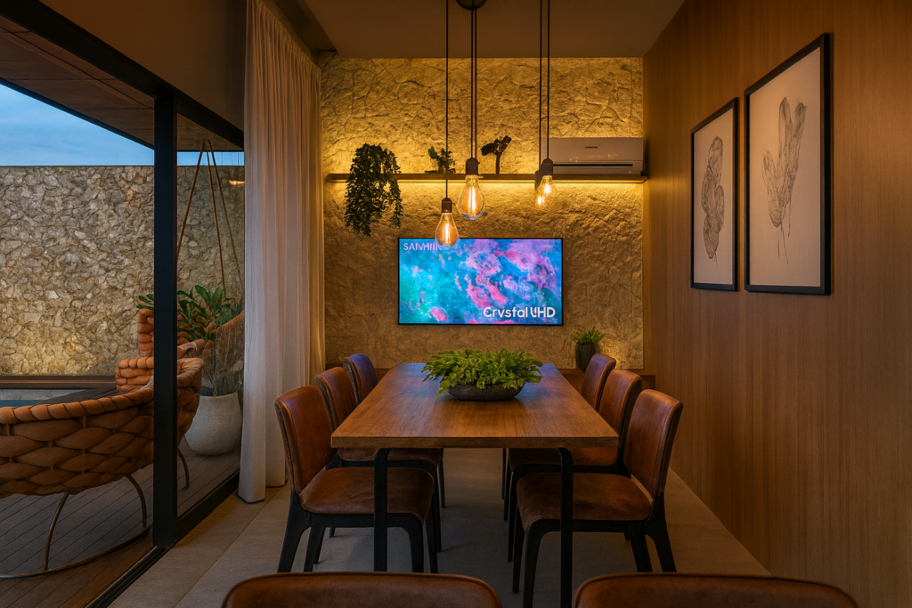 Residência HC — sala de jantar Sala de jantar com parede de pedra, iluminação acolhedora e conexão com a área externa