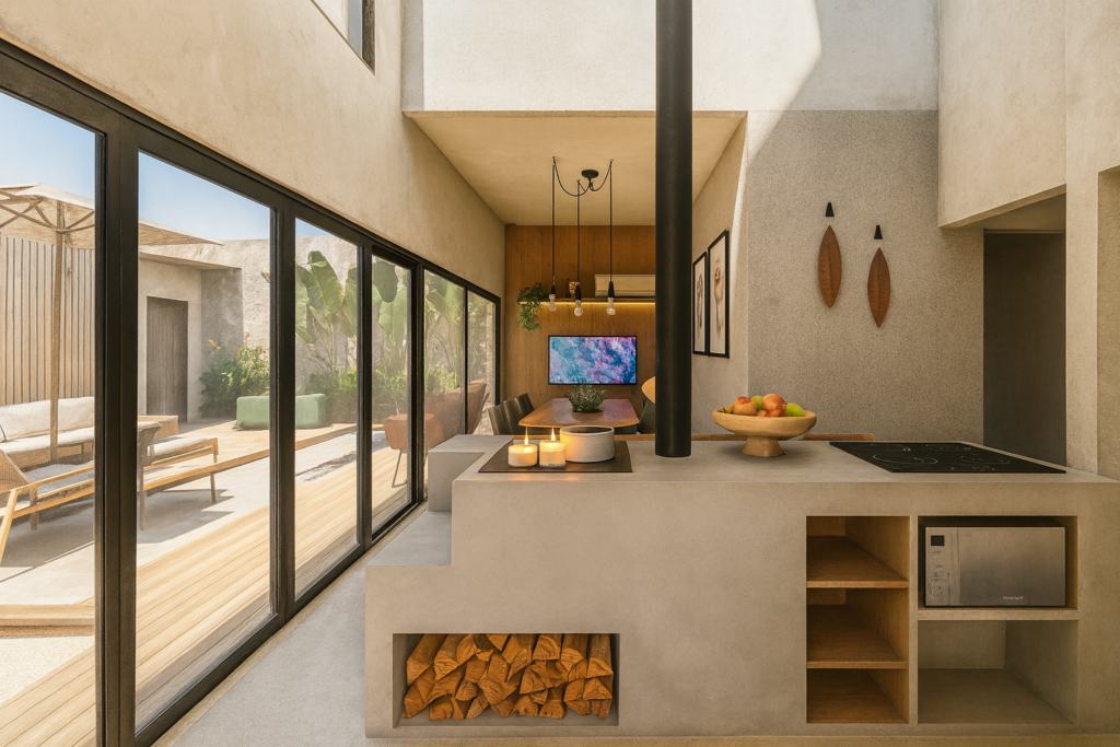 Residência HC — integração interior e exterior Cozinha e sala de jantar integradas ao deck e à área externa por grandes portas de vidro