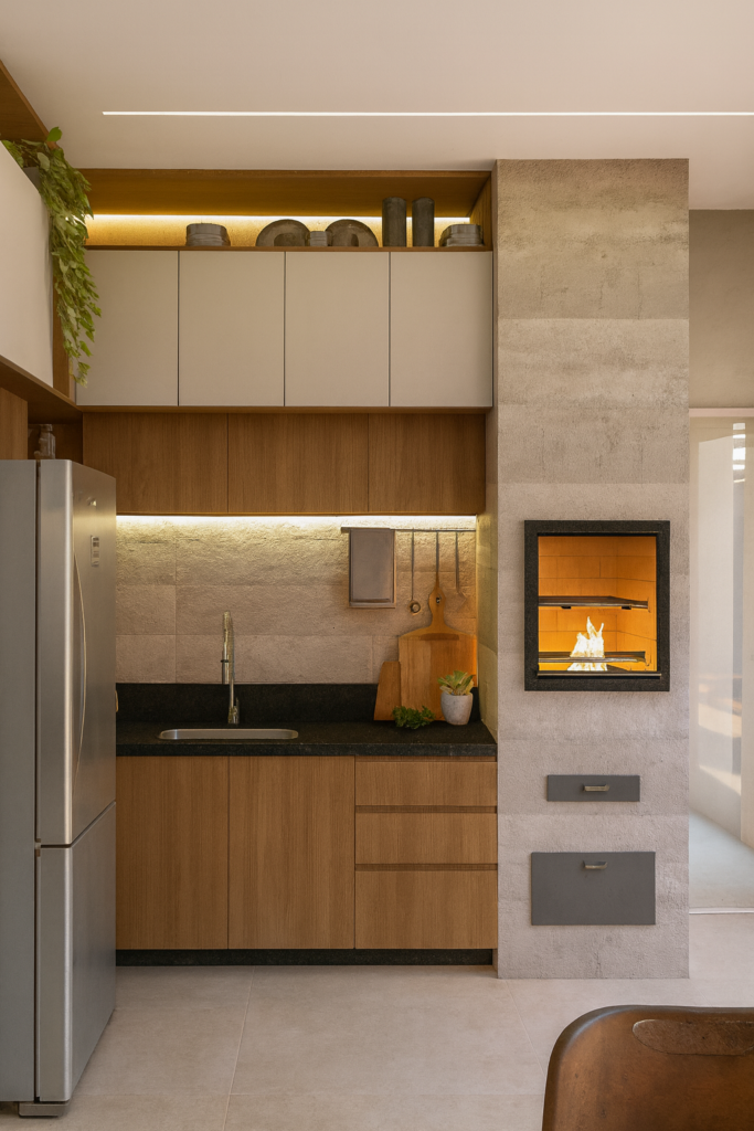 Residência HC — cozinha com fogão a lenha Cozinha da Residência HC com marcenaria em madeira e fogão a lenha integrado