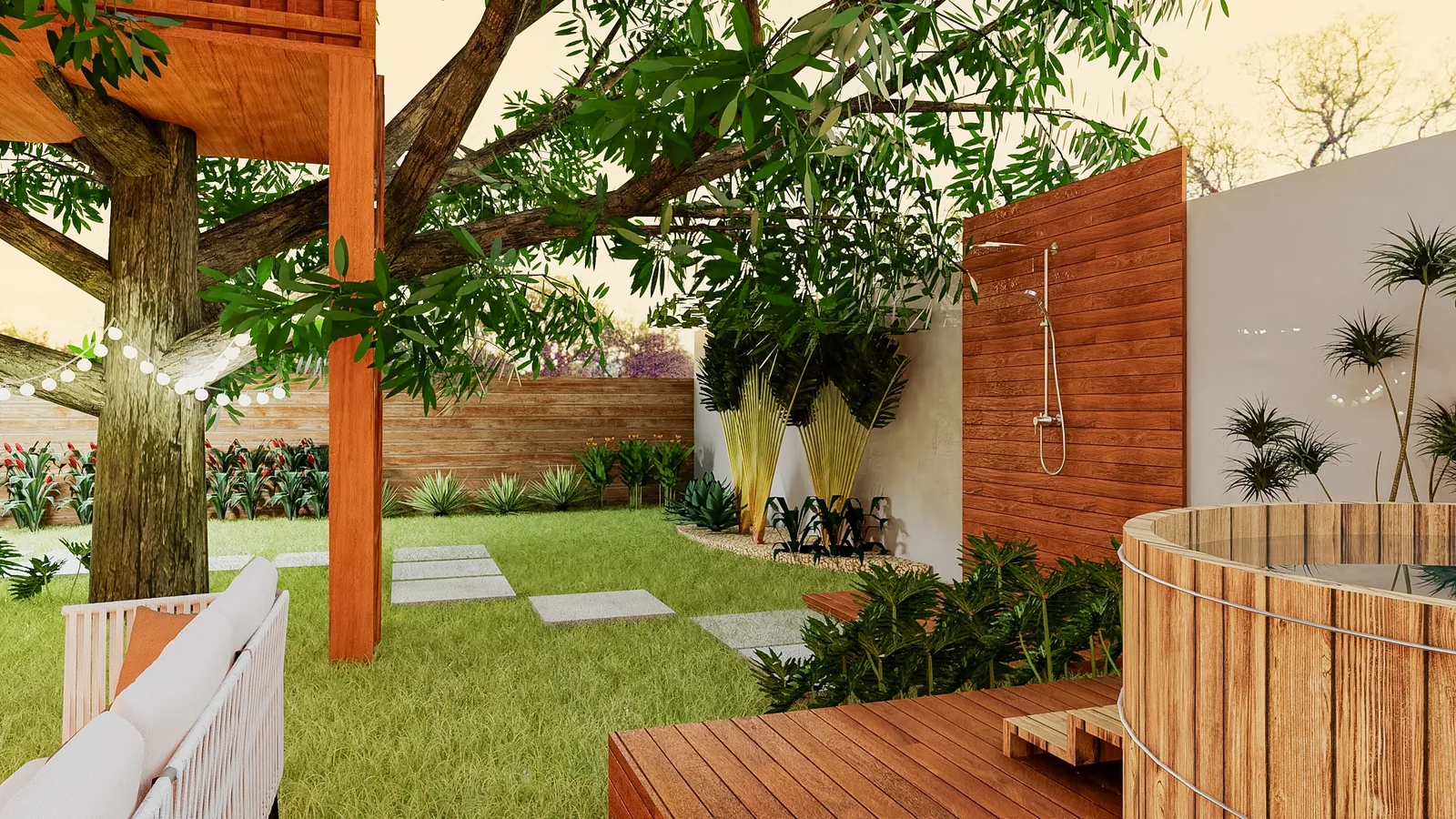 Jardim e área de bem-estar integrados à casa